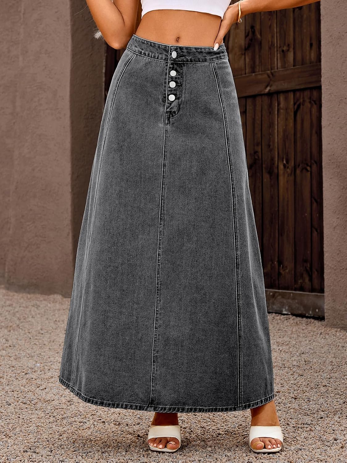 ebossy Women's High Waist Denim Skirt Classic 4-Button Flare A Line Stretch Maxi Long Jean Skirts with Pockets
