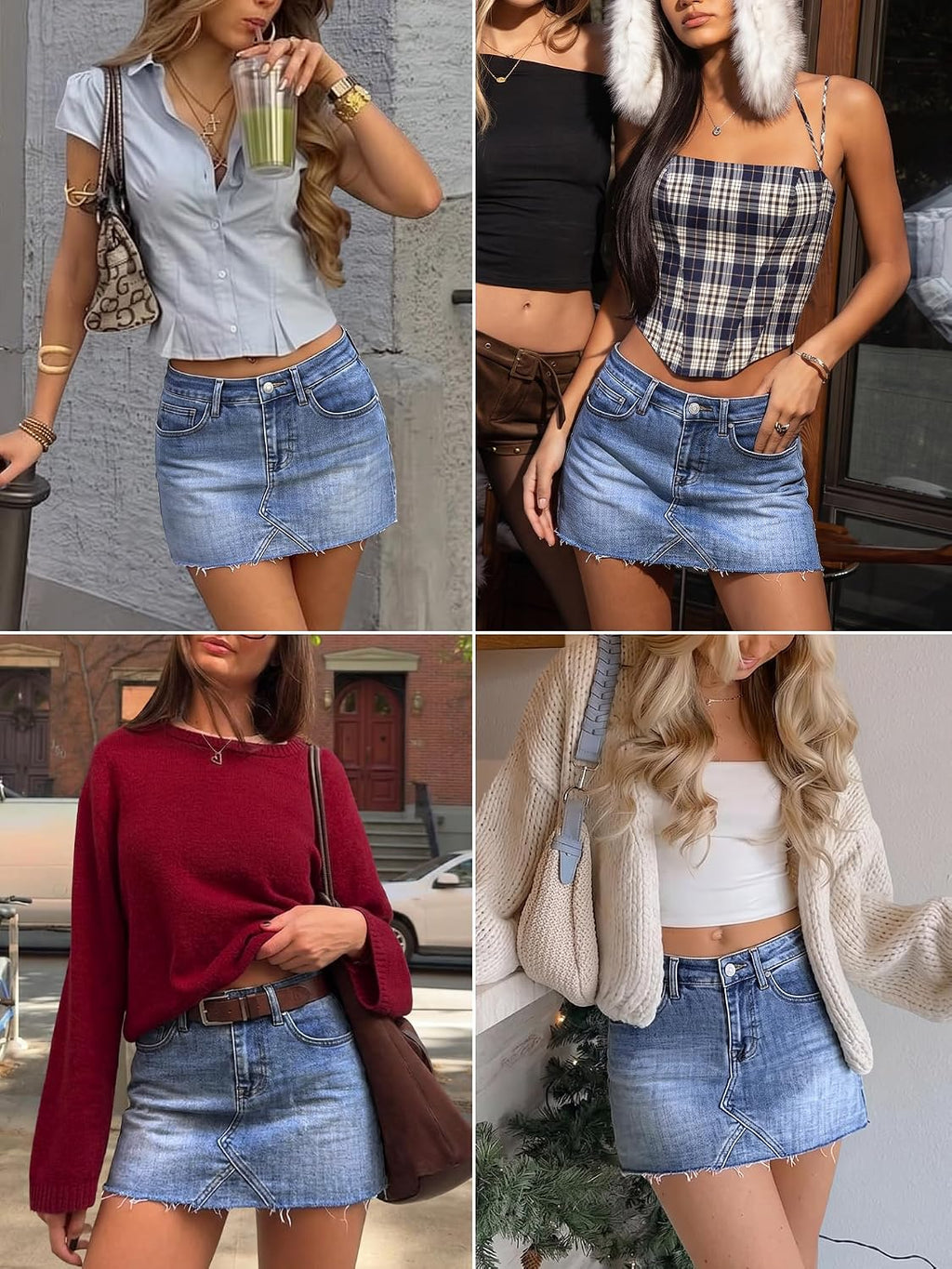 ELLEVEN Denim Mini Skirt Low Rise with Shorts Raw Hem Jean Skort Pockets
