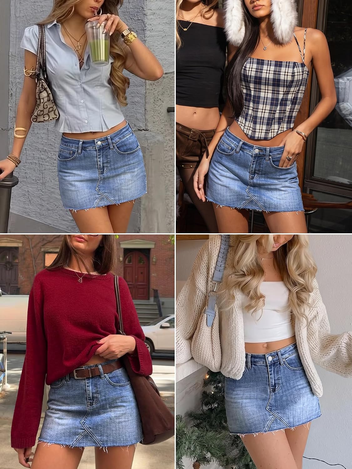 ELLEVEN Denim Mini Skirt Low Rise with Shorts Raw Hem Jean Skort Pockets