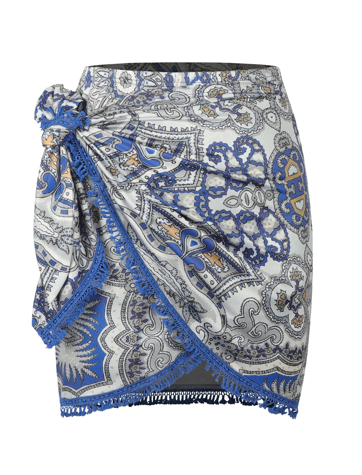 ZAFUL Slit Skirt for Women Boho Print Tie Side Wrap Tassel Casual Beach Mini Skirt