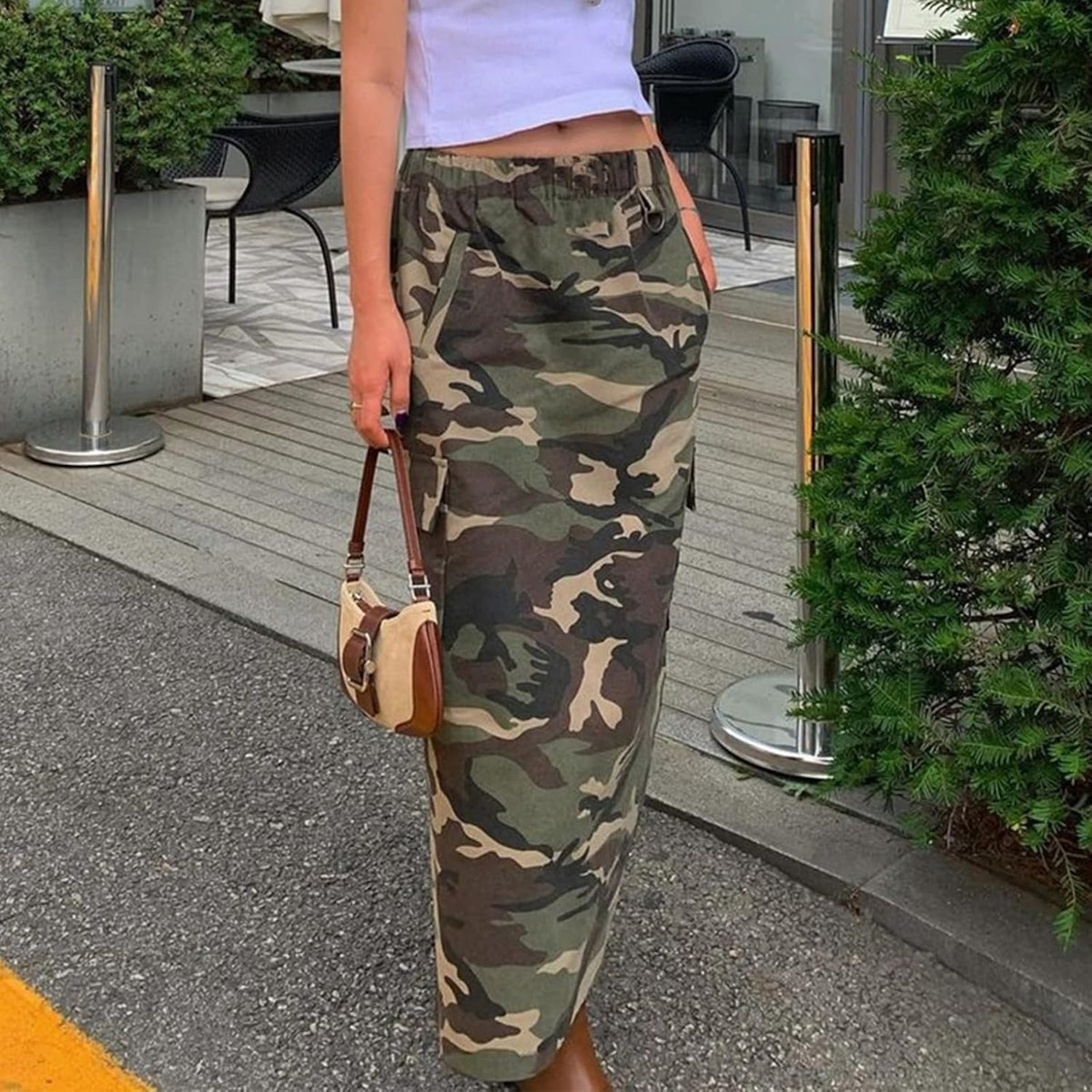Womens Summer Camo Skirt Casual Elastic High Waist Cargo Long Skirt