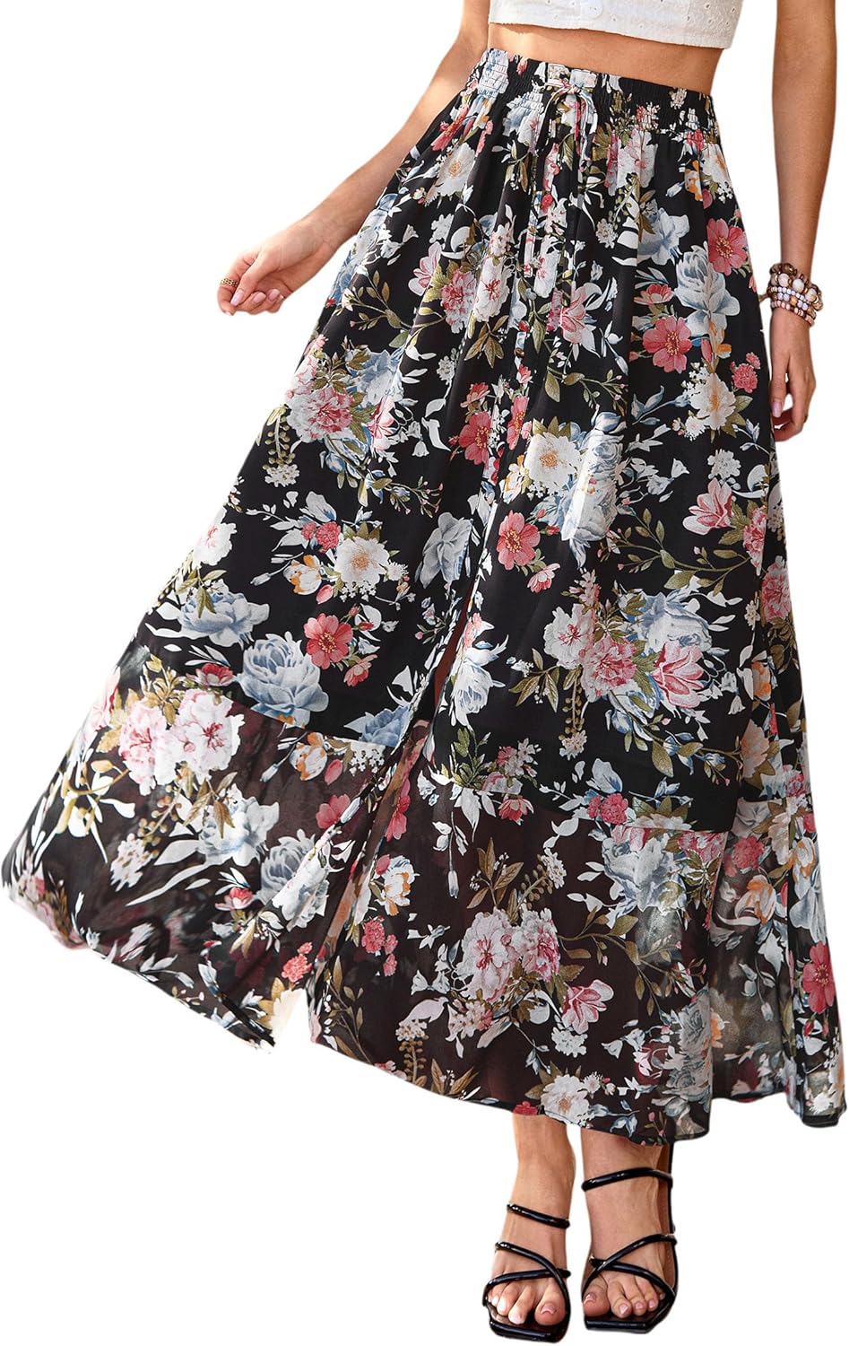 PRETTYGARDEN 2026 Summer Maxi Long Skirts for Women Trendy Boho Floral High Waisted Slit Flowy Travel Beach Vacation Clothes