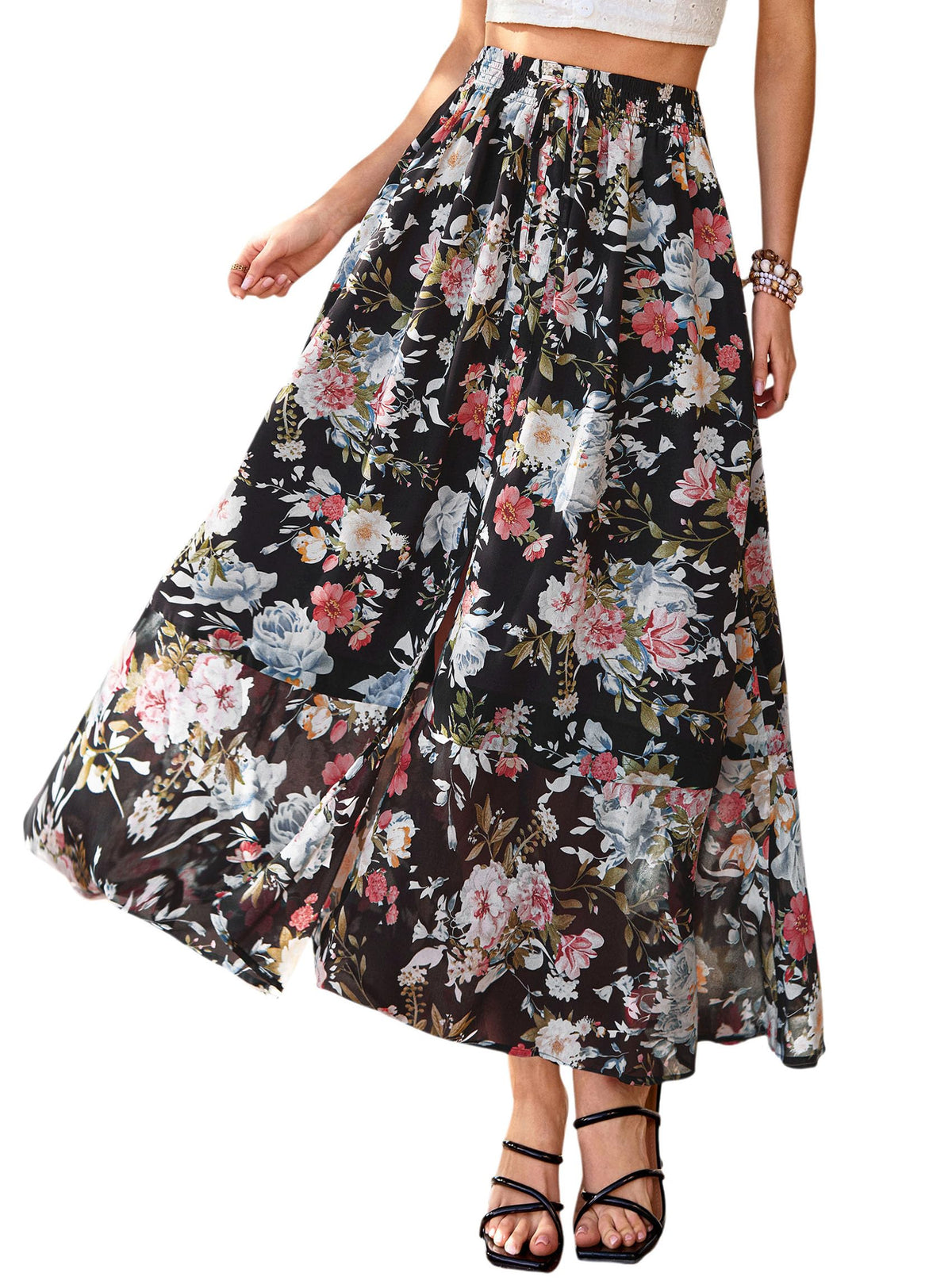 PRETTYGARDEN 2026 Summer Maxi Long Skirts for Women Trendy Boho Floral High Waisted Slit Flowy Travel Beach Vacation Clothes