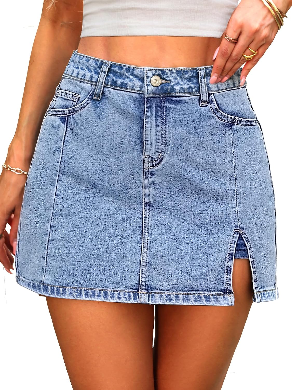 ELLEVEN Skorts Skirts for Women High Waisted Side Slit Jean Mini Skirt