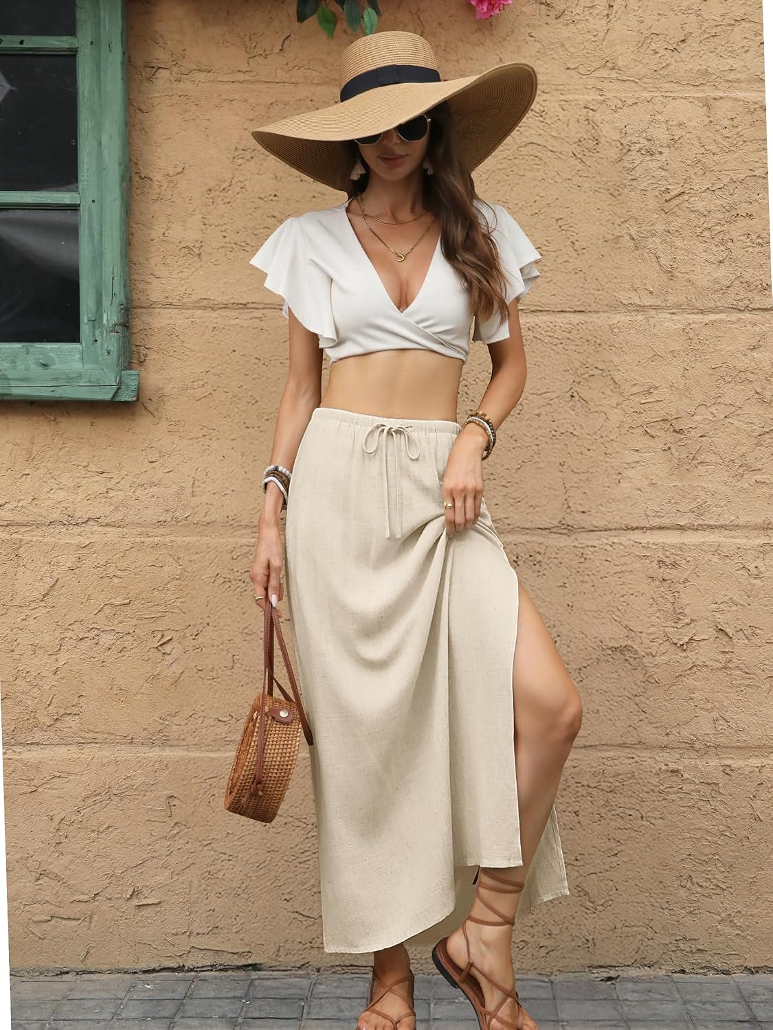 ELLEVEN Linen Straight Maxi Skirt with Side Slit-Long Flowy Skirt & Pocket