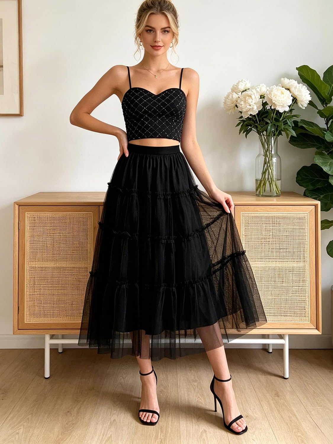 kephy Women's A-Line Tiered Flowy Tulle Midi Skirt High Elastic Waist