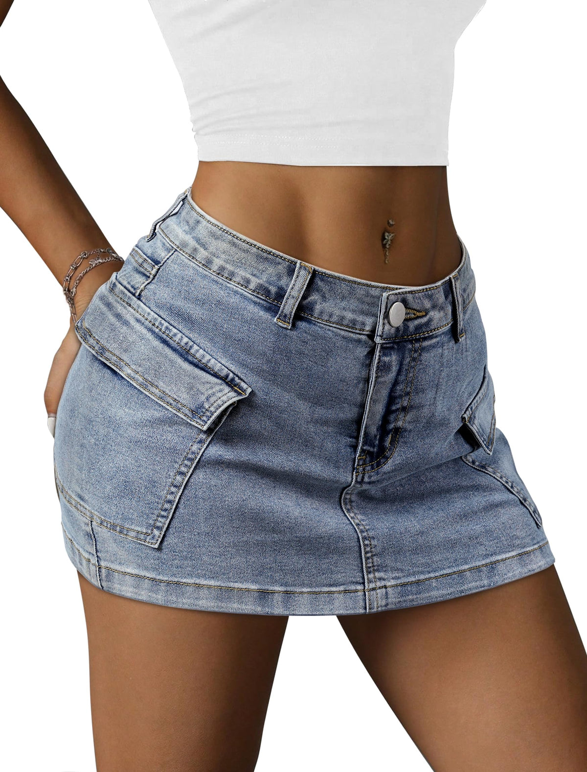 YZEGGO Womens Cargo Skirt Low Waist Button Denim Mini Skirt Summer Y2k Jean Skirt with Flap Pockets