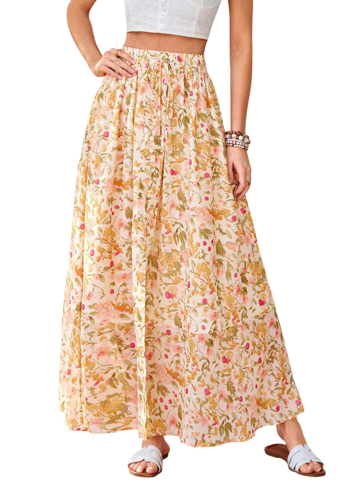 PRETTYGARDEN 2026 Summer Maxi Long Skirts for Women Trendy Boho Floral High Waisted Slit Flowy Travel Beach Vacation Clothes