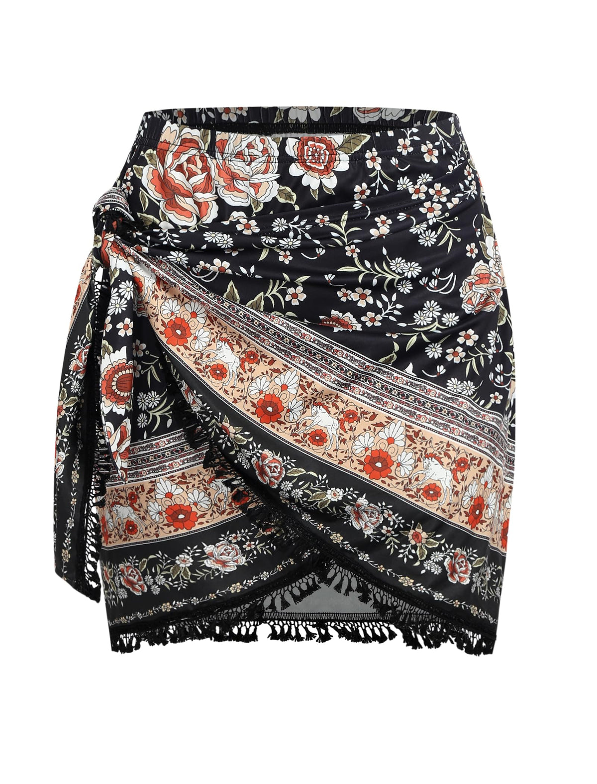 ZAFUL Slit Skirt for Women Boho Print Tie Side Wrap Tassel Casual Beach Mini Skirt