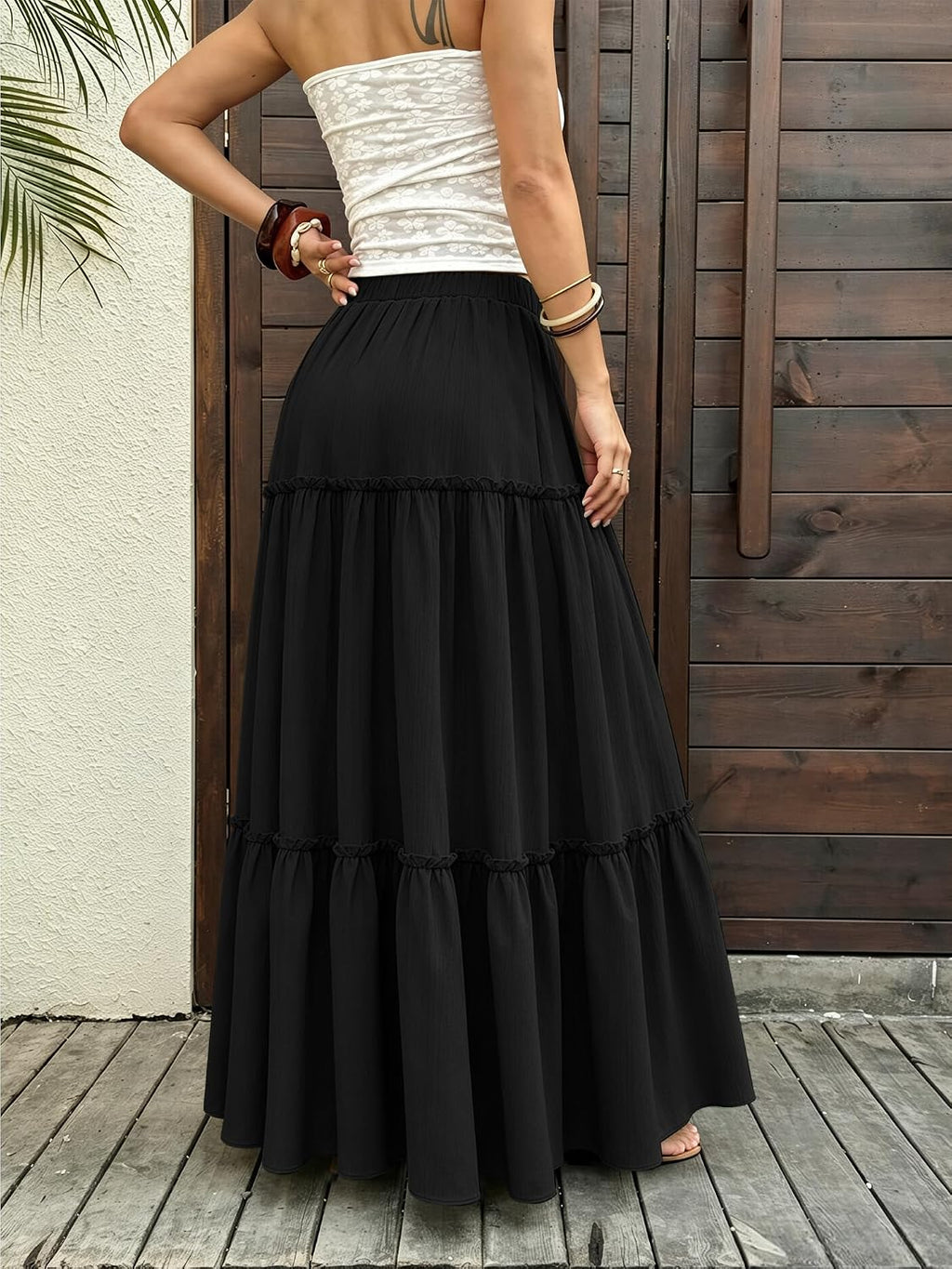 Maxi Skirts for Women 2026 Summer Side Slit Tiered Trendy Pleated Ruffle Flowy Boho Long Skirt with Pockets