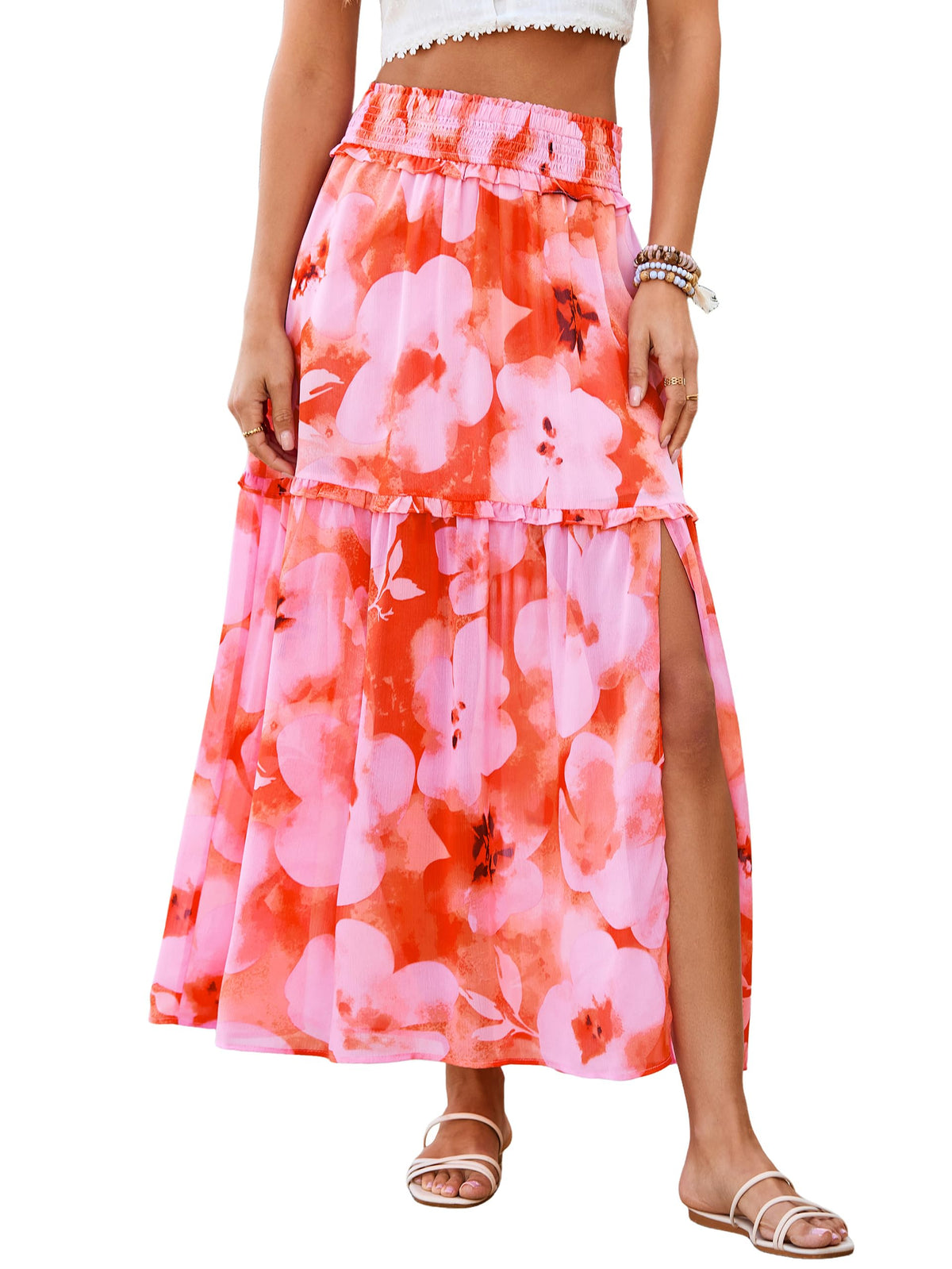 BerryGo Women Boho Floral Maxi Skirts Summer Smocked High Waisted Chiffon Flowy A Line 2026 Trendy Long Beach Skirt with Slit