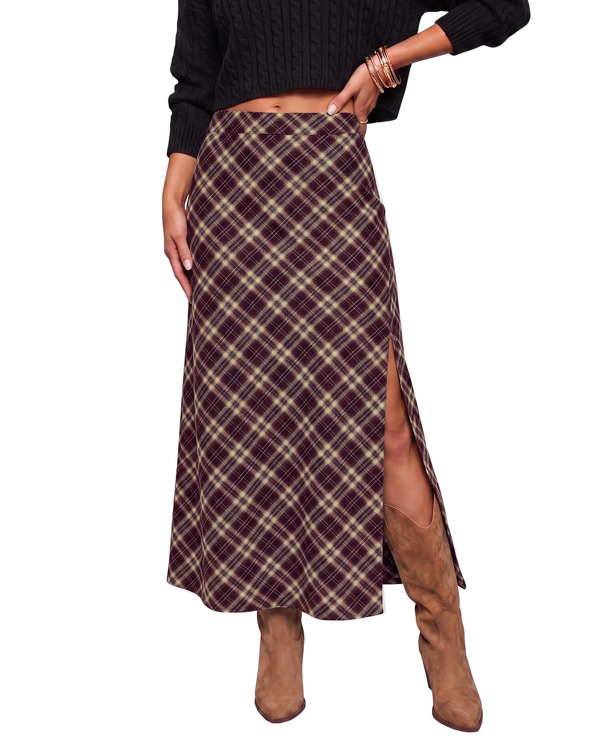 luvamia Plaid Maxi Skirts for Women Trendy A-Line Long Skirt with Side Slit
