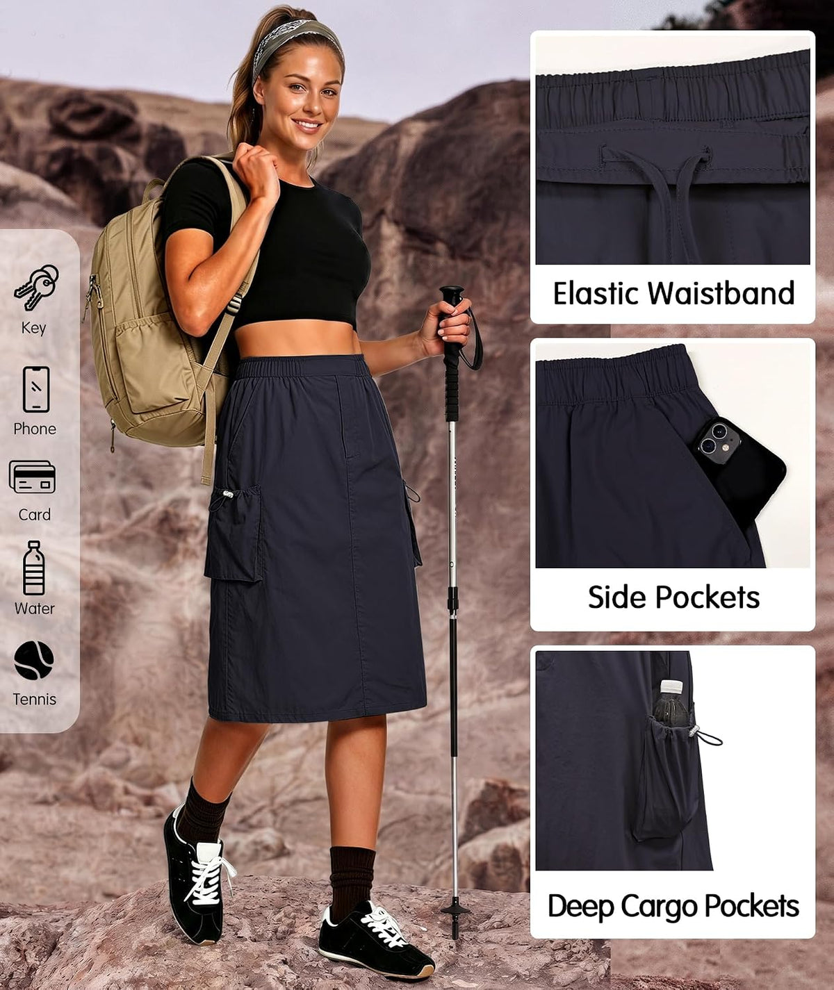 EARKOHA Womens Athletic Skirt Quick Dry Midi Cargo Skirt with 4 Pockets