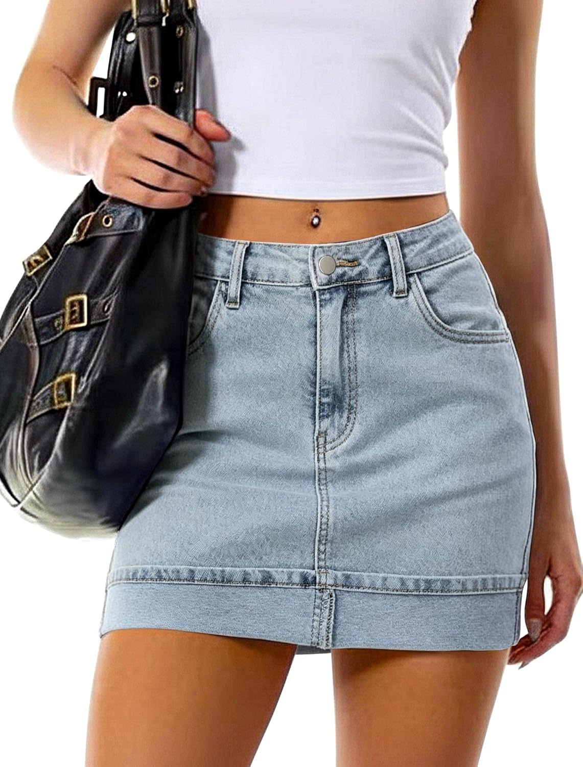 Eddoyee Jean Skirts for Women Denim Stretchy Mid-Rise Summer Mini Skirt with Pockets