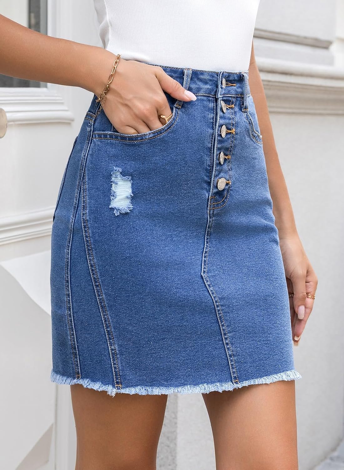 Sidefeel Women's Jean Skirt StretchyButton Fly Denim Skirt