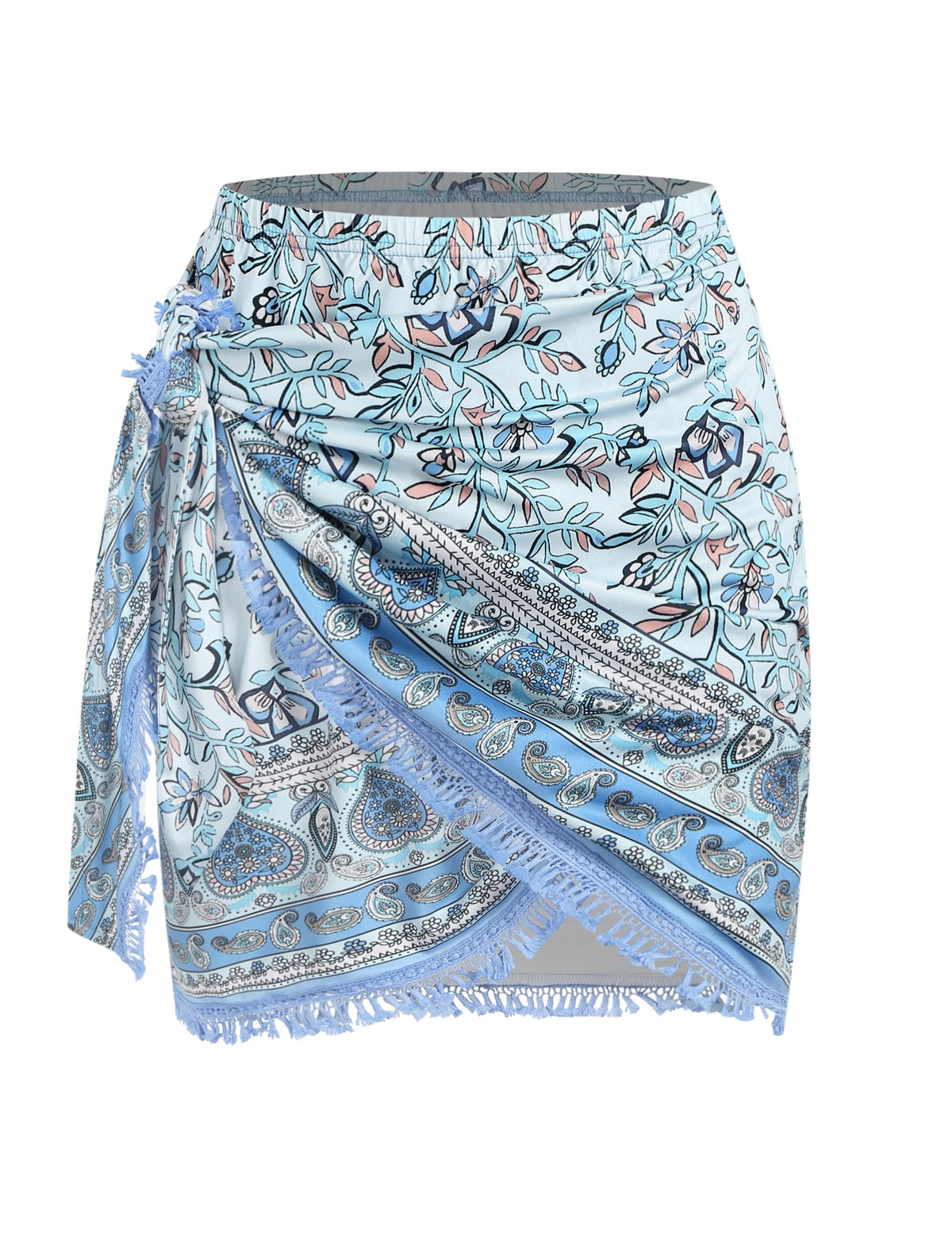 ZAFUL Slit Skirt for Women Boho Print Tie Side Wrap Tassel Casual Beach Mini Skirt