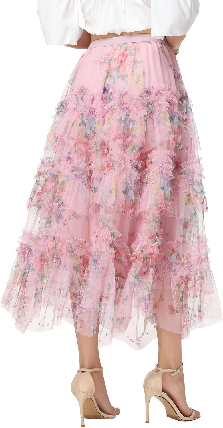 Sparkly Tulle Skirt for Women Floral Beaded Tiered Midi Length High Waist A Line Fairy Cake Party Skirt