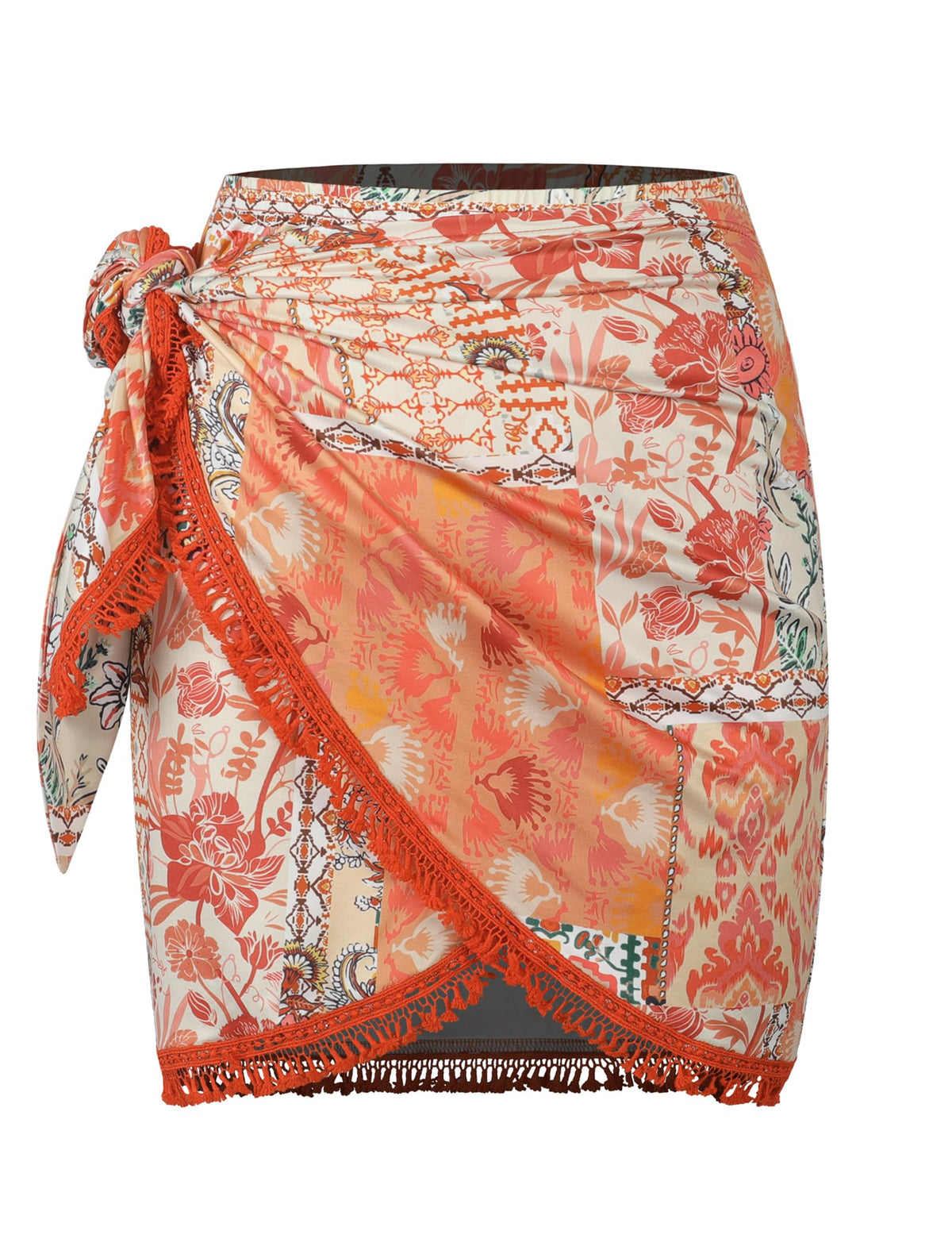 ZAFUL Slit Skirt for Women Boho Print Tie Side Wrap Tassel Casual Beach Mini Skirt