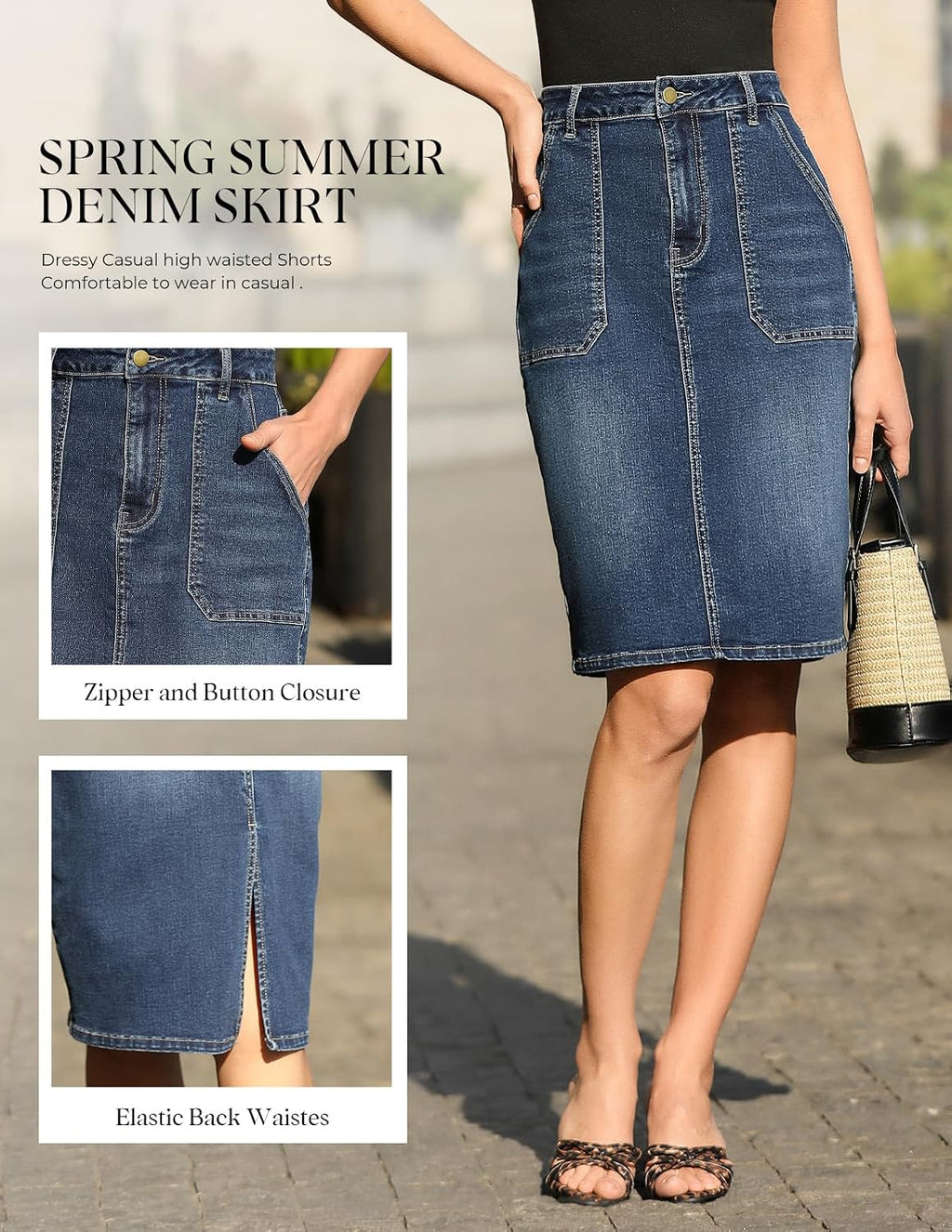 Belle Poque Women's Denim Skirt Stretchy High Waisted Below Knee Length Jean Skirt with Pockets Spring Summer Trendy 2026