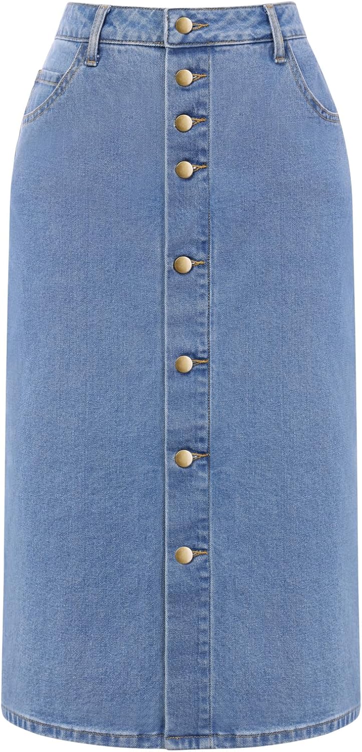Belle Poque Jean Skirts for Women Denim High Waisted Stretch Below Knee Length Button Front Slit Midi Skirt with Pockets