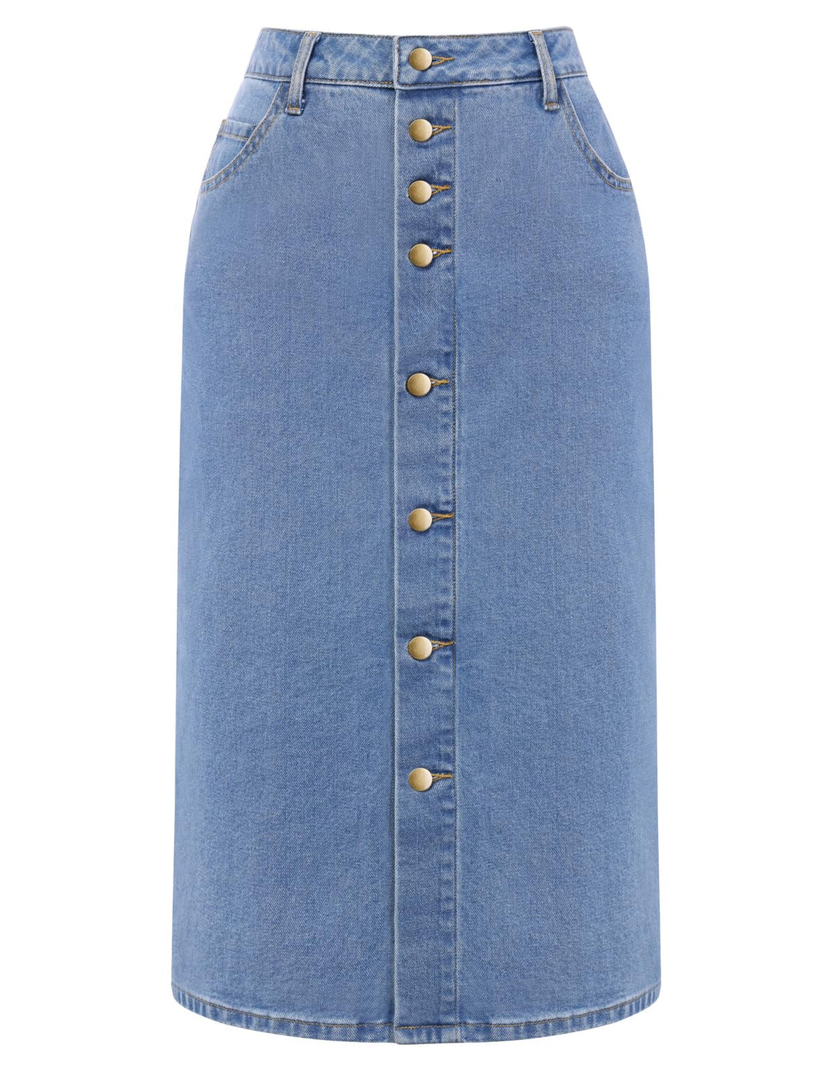 Belle Poque Jean Skirts for Women Denim High Waisted Stretch Below Knee Length Button Front Slit Midi Skirt with Pockets