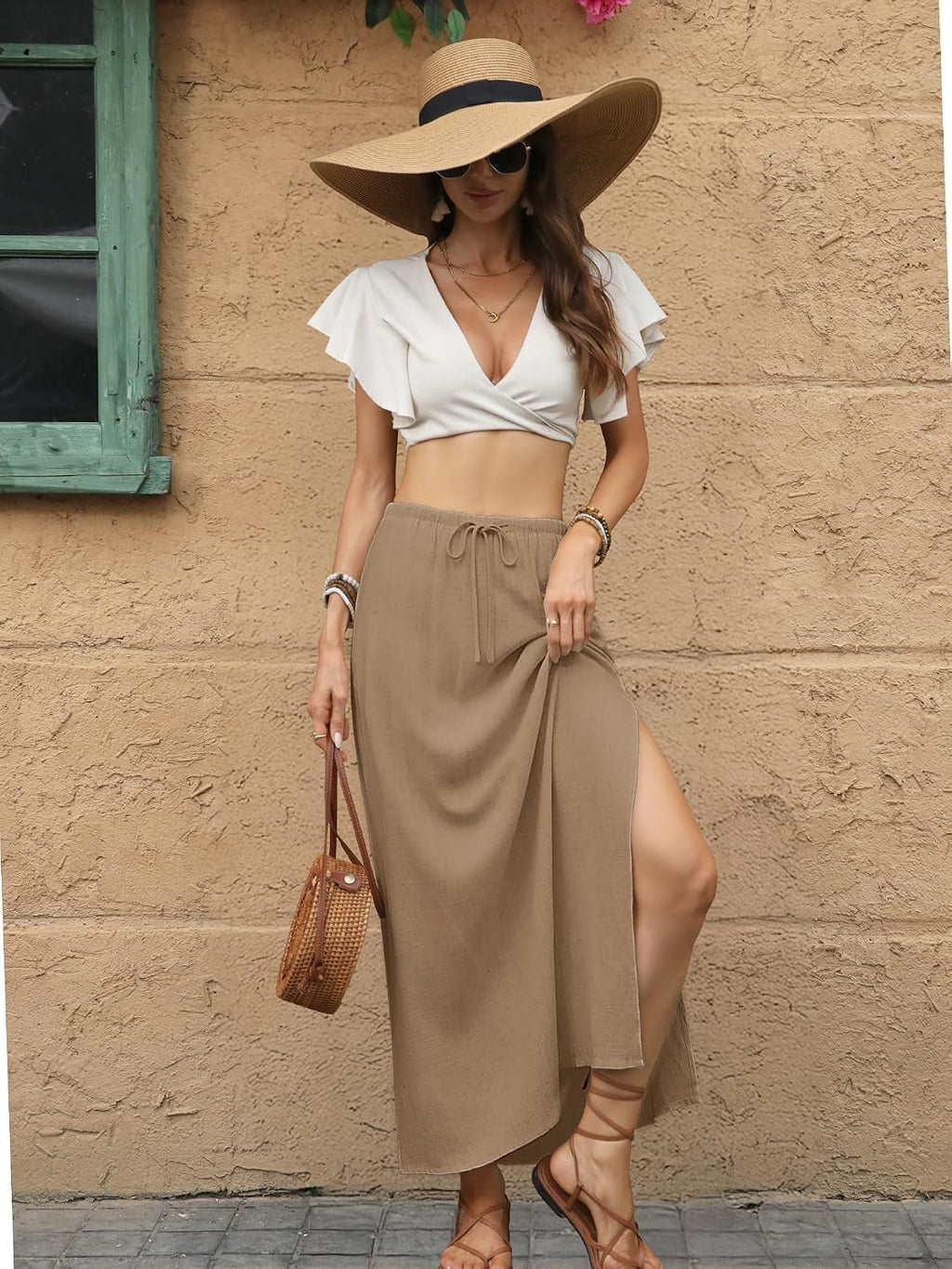 ELLEVEN Linen Straight Maxi Skirt with Side Slit-Long Flowy Skirt & Pocket
