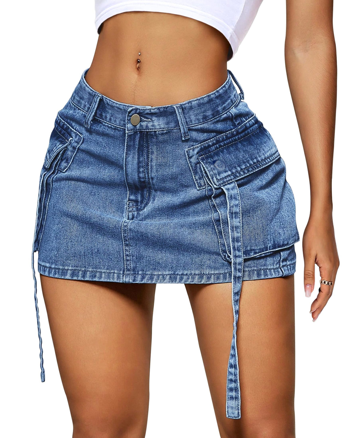 YZEGGO Womens Cargo Skirt Low Waist Button Denim Mini Skirt Summer Y2k Jean Skirt with Flap Pockets