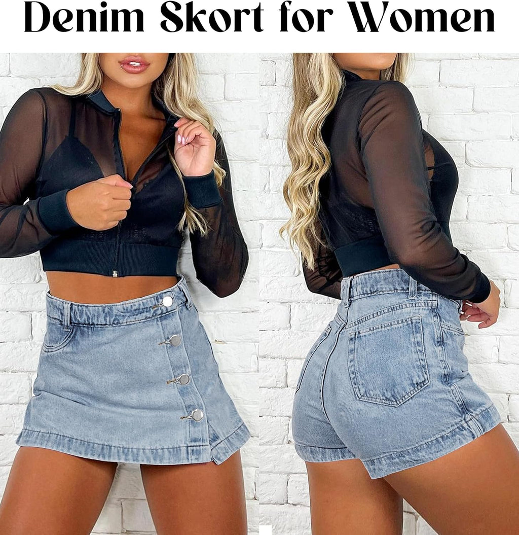 Denim Skort for Women Slit Casual Stretchy Jean Skirt with Shorts
