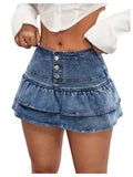 SHENHE Women's High Waist Button Up Ruffle Denim Mini Skirt with Shorts