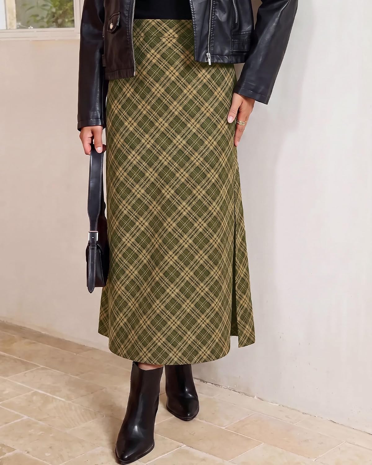 luvamia Plaid Maxi Skirts for Women Trendy A-Line Long Skirt with Side Slit
