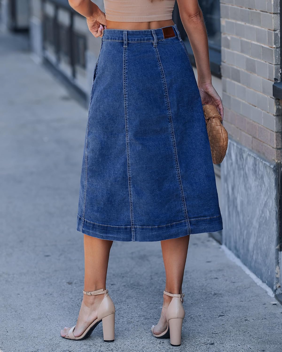 luvamia Jean Skirts for Women Trendy Midi Length A Line Western Casual Button Down Stretchy Denim Skirt with Pockets