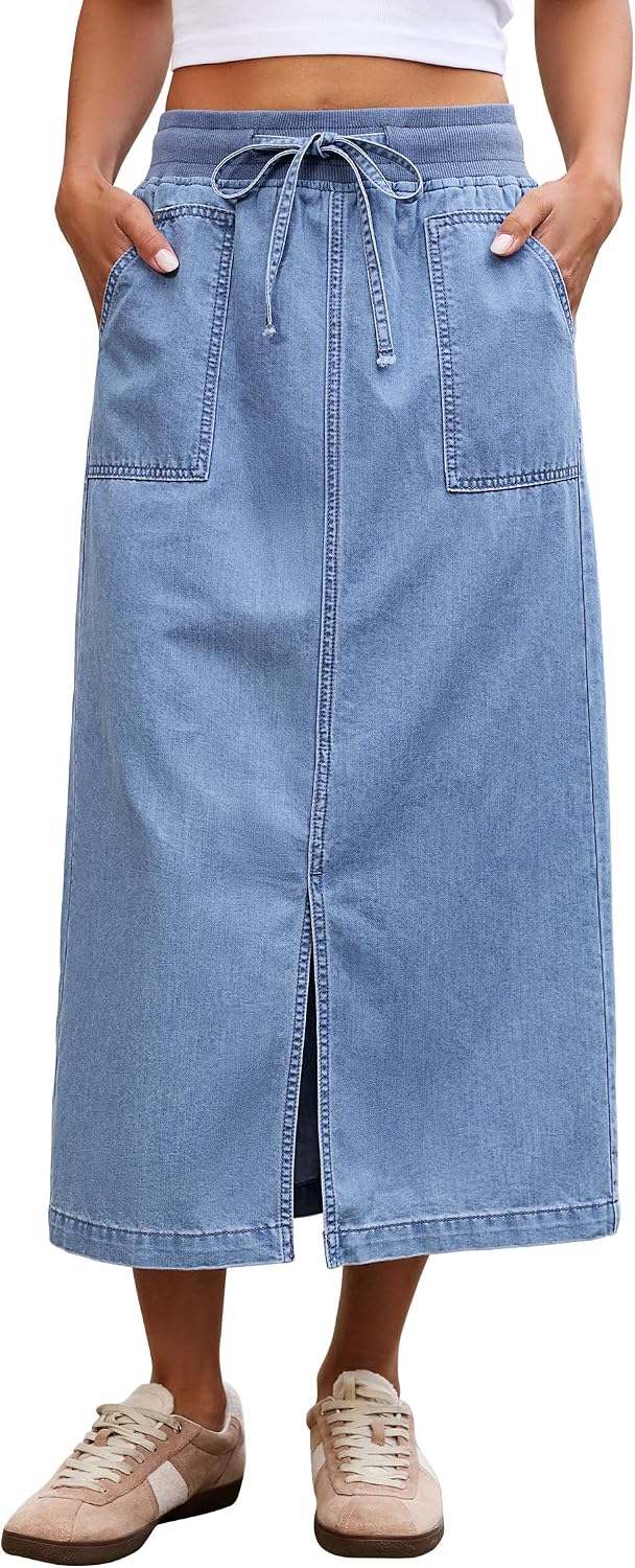 luvamia Jean Skirts for Women High Waisted Midi Denim Drawstring Elastic Waist Long Skirt with Pockets Front Slit