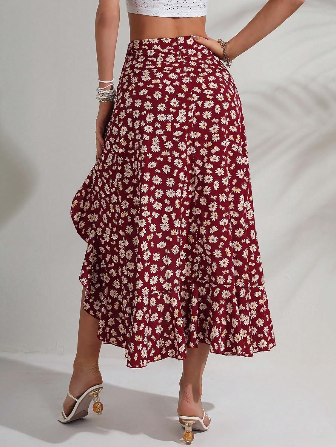 MakeMeChic Women's Boho Floral Skirt Slit Flowy Midi Skirt
