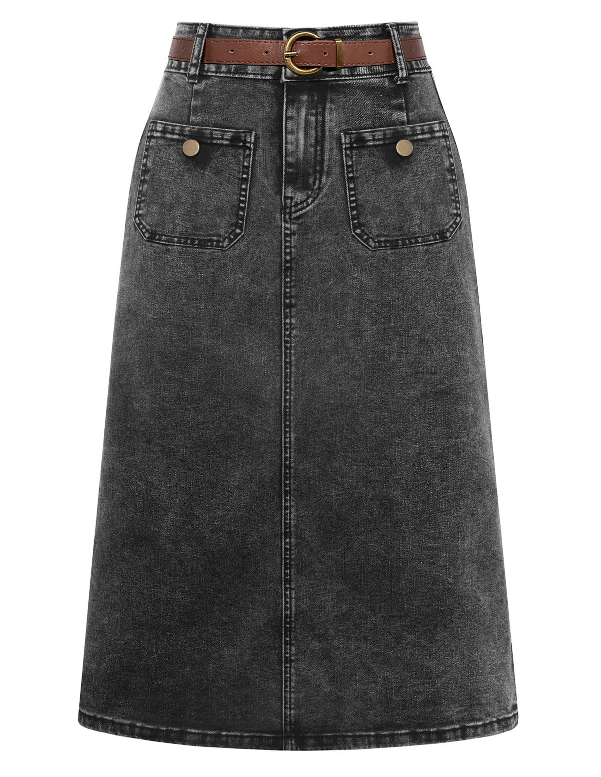 Belle Poque Denim Skirt with Belt Below Knee Length High Waisted Jean Skirts for Women