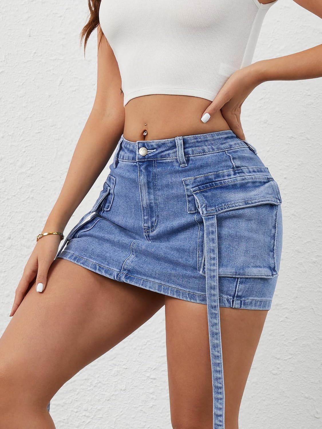 ELLEVEN Cargo Jean Mini Stretchy Skorts with Pockets for Women