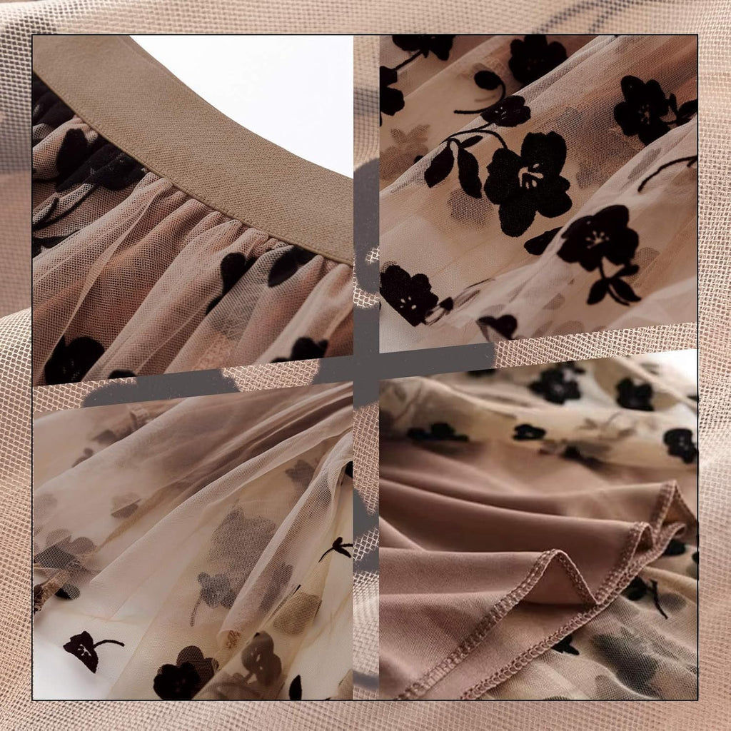 Reaowazo Skirts for Women Midi Long Length Dressy Casual Trendy Summer Tulle A-Line Floral High Waist Skirt
