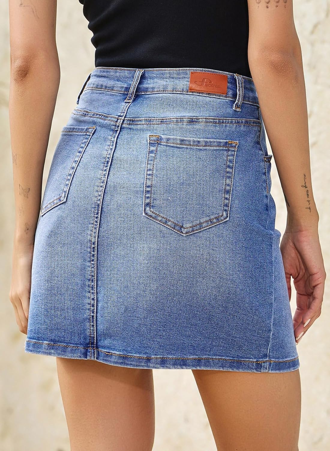 Sidefeel Women's Jean Skirt High Waist Drawstring Stretchy Casual Summer Loose Fit Trendy Mini Denim Skirt with Pockets