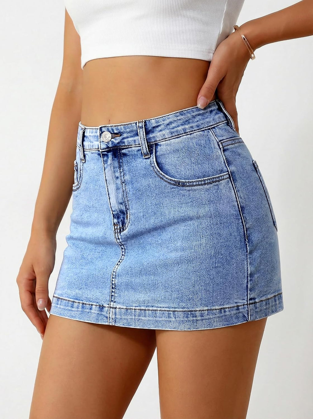 Denim Mini Skirt Stretch Jean Skirts for Women with Shorts Underneath