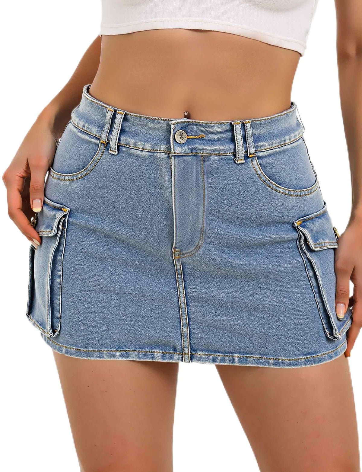 Buauty Women Denim Cargo Skirt Y2K, Mini Low Waist Jean Skirts Bodycon Flap Pockets 2026 Trendy Short