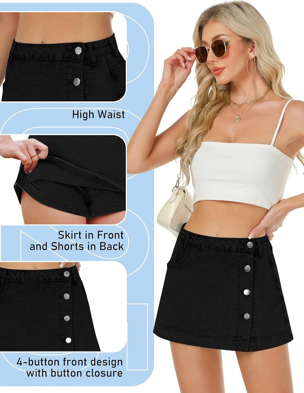 Denim Skort for Women Slit Casual Stretchy Jean Skirt with Shorts