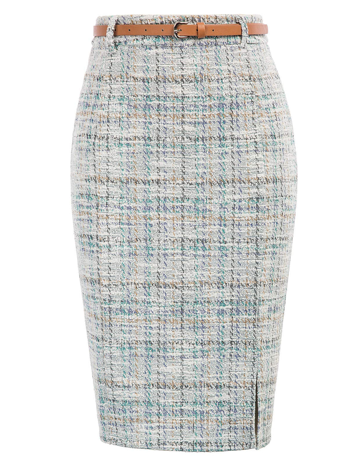 Kate Kasin Women Tweed Pencil Skirt, Knee Length Skirts with Slit
