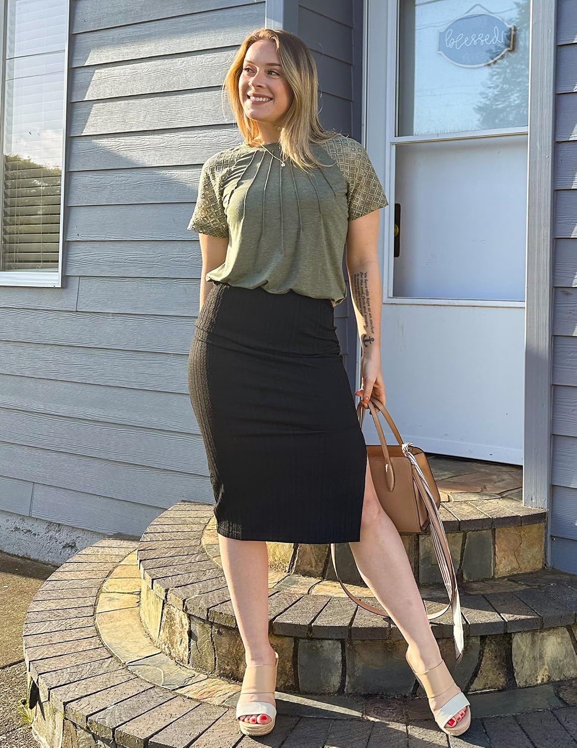 Zeagoo Womens Knit Midi Skirts Casual Pencil Skirt High Waisted Long Skirt with Slit Elegant Work Office Skirts