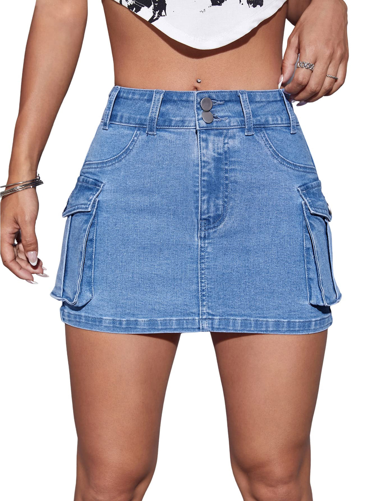 WDIRARA Women's Button Bodycon Mini Cargo Denim Skirt with Pocket