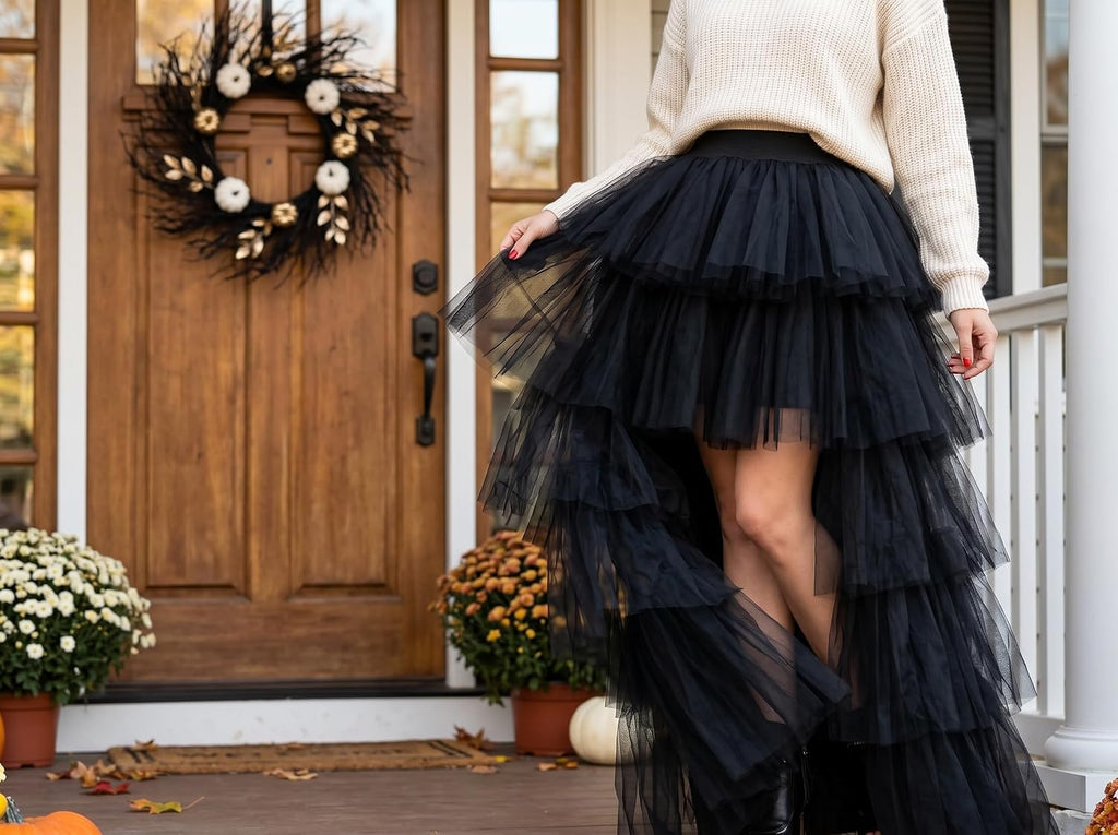Women's High Low Tutu Skirts Sweet Elastic Waist Tulle Layered Ruffles Mesh Long Tiered Skirt