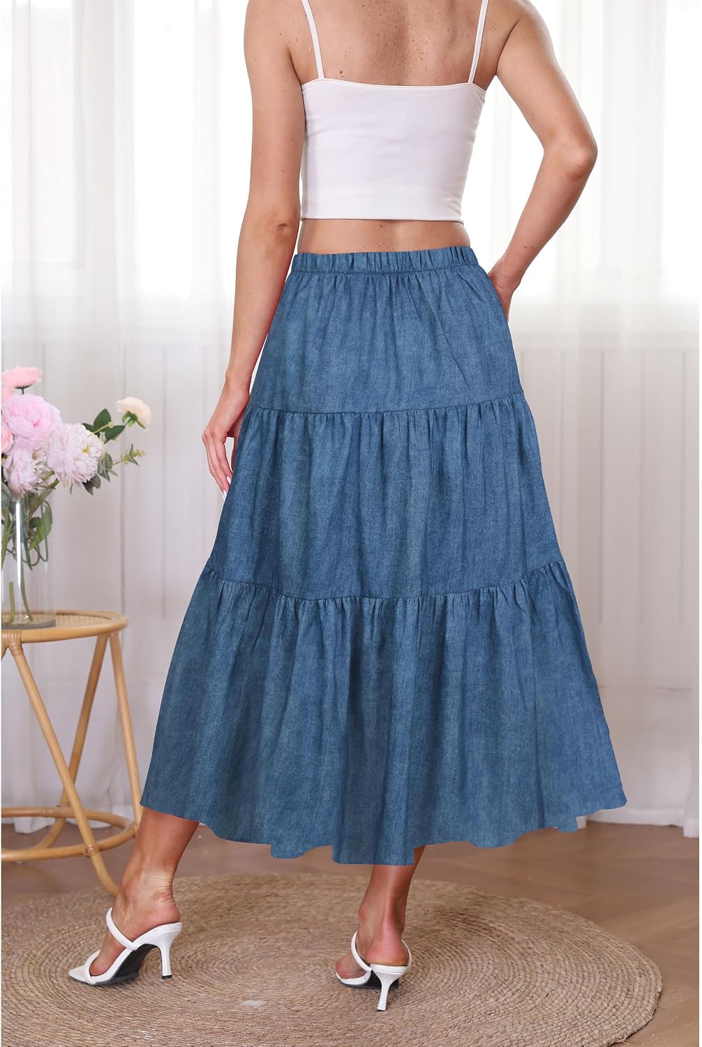 Kingfancy Women's Boho Midi Skirt A-Line Flowy Skirts
