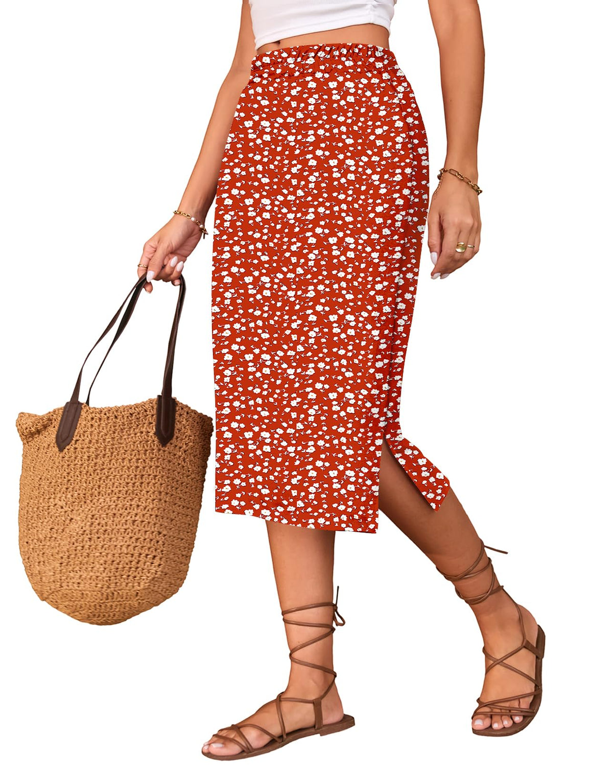 Naggoo Midi Skirts for Women Summer Elastic High Waisted Side Slit Long Skirts