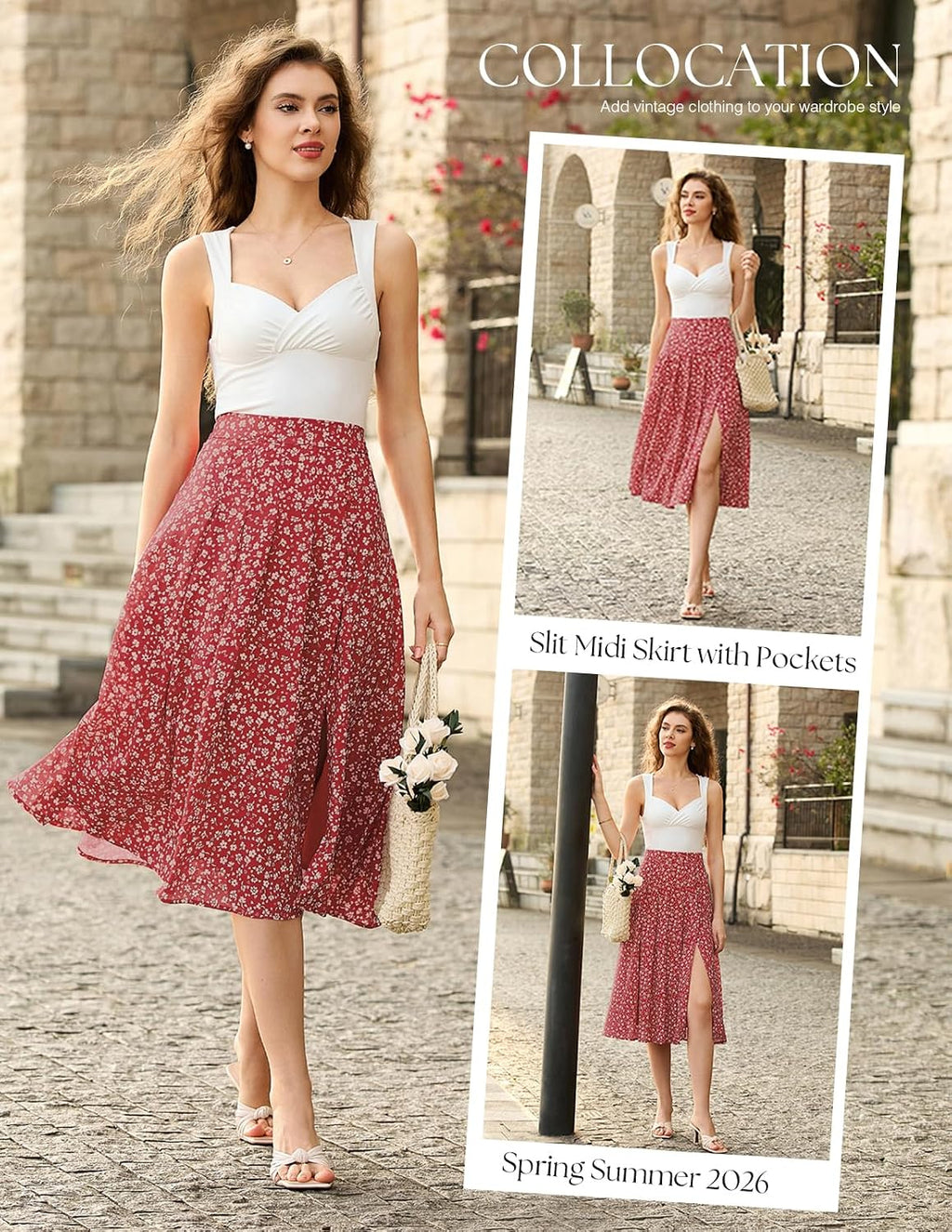 Belle Poque Women's Floral Midi Skirts with Slit High Waist Pleated Skirts Flowy A-Line Skirt with Pockets Spring Summer 2026