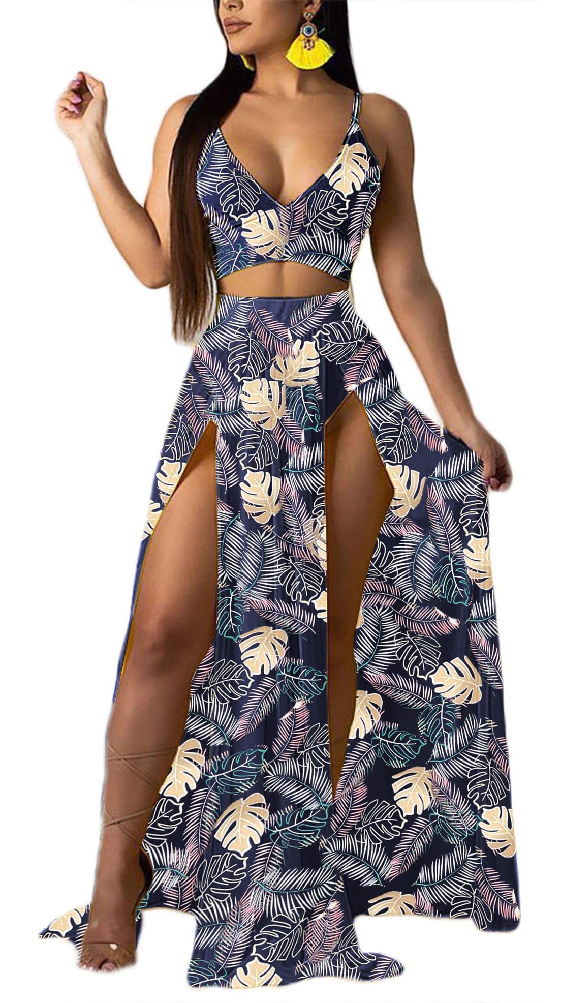 Women Sexy 2 Piece Outfits Dress Chiffon Strap Deep V Neck Bra Crop Top High Split Maxi Dresses Skirt Set