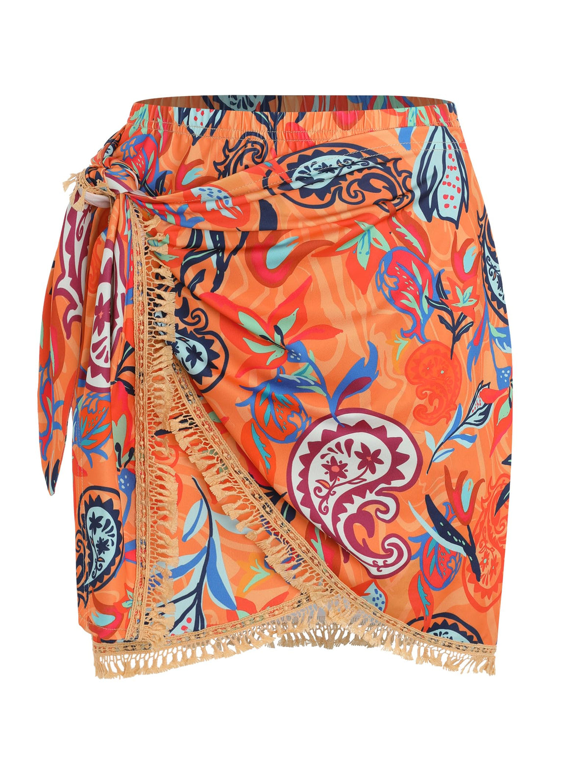 ZAFUL Slit Skirt for Women Boho Print Tie Side Wrap Tassel Casual Beach Mini Skirt