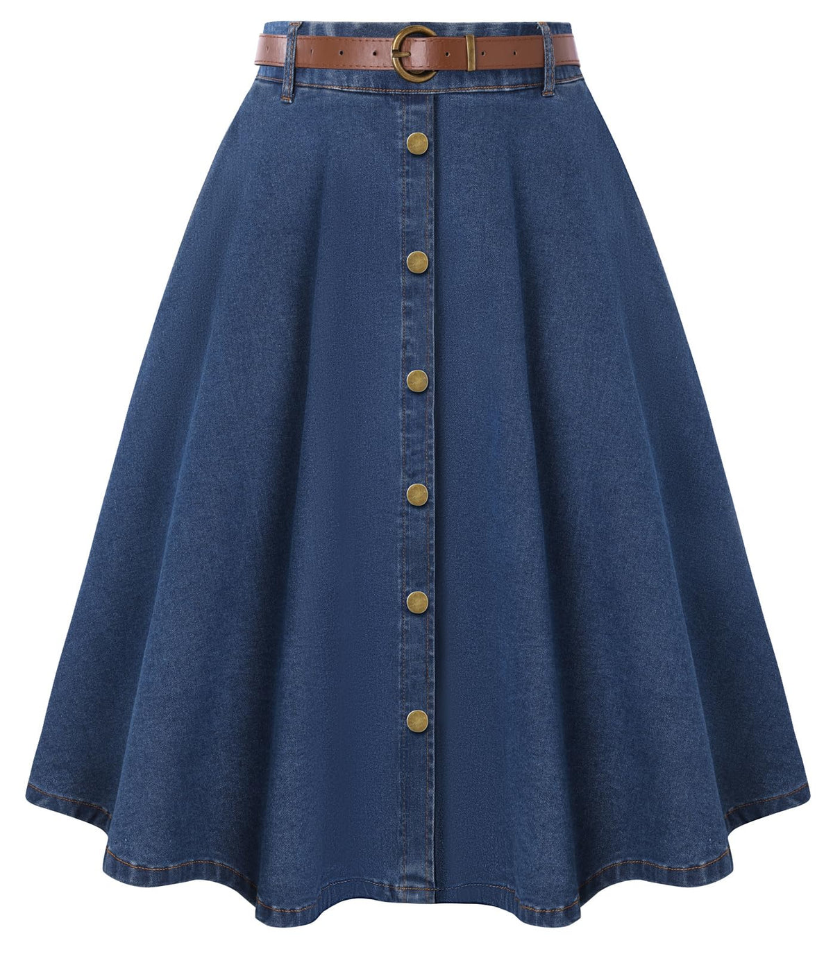 Belle Poque Women's Denim Skirts Vintage Below Knee Length High Waist A-Line Jean Skirts with Pockets
